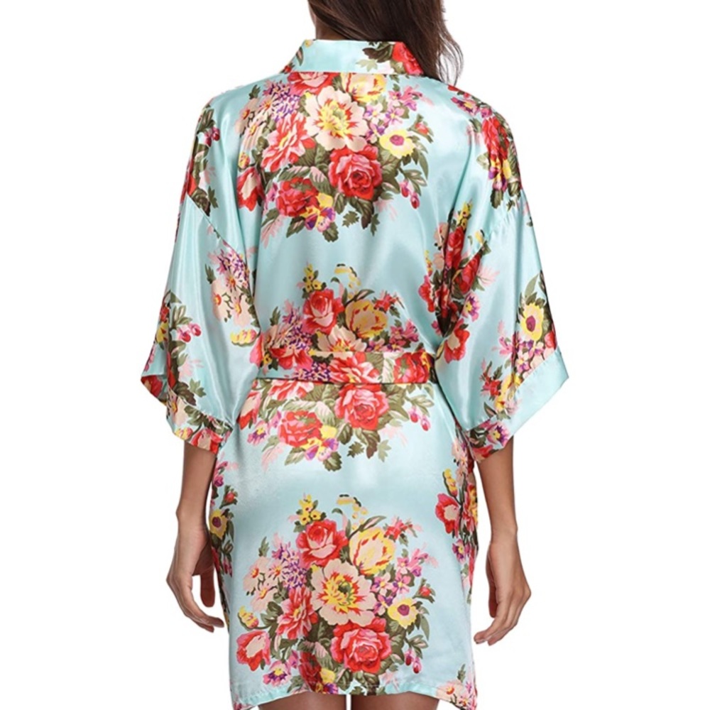 Light Blue Floral Satin Bridal Kimono
